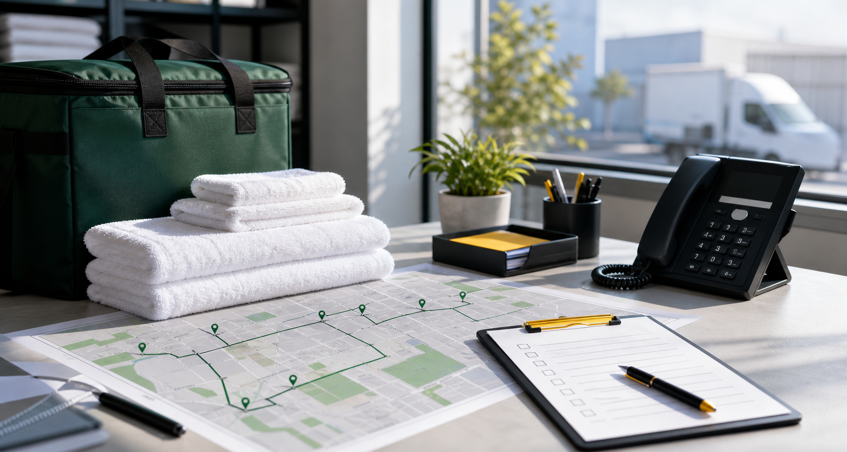Laundry pickup planning desk with folded towels, phone and notes